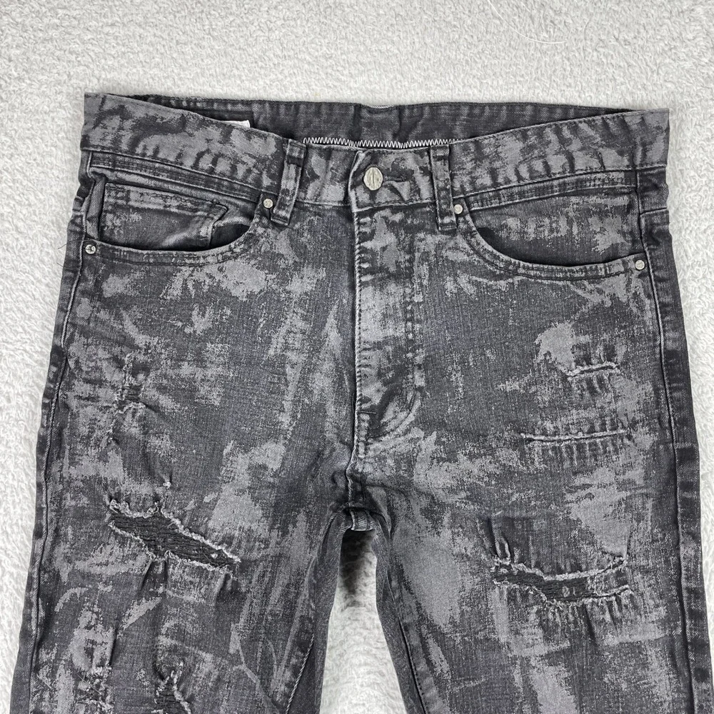 First Row Distressed Jeans Mens 34x32 (Fits 33x31) Black Acid Wash Slim